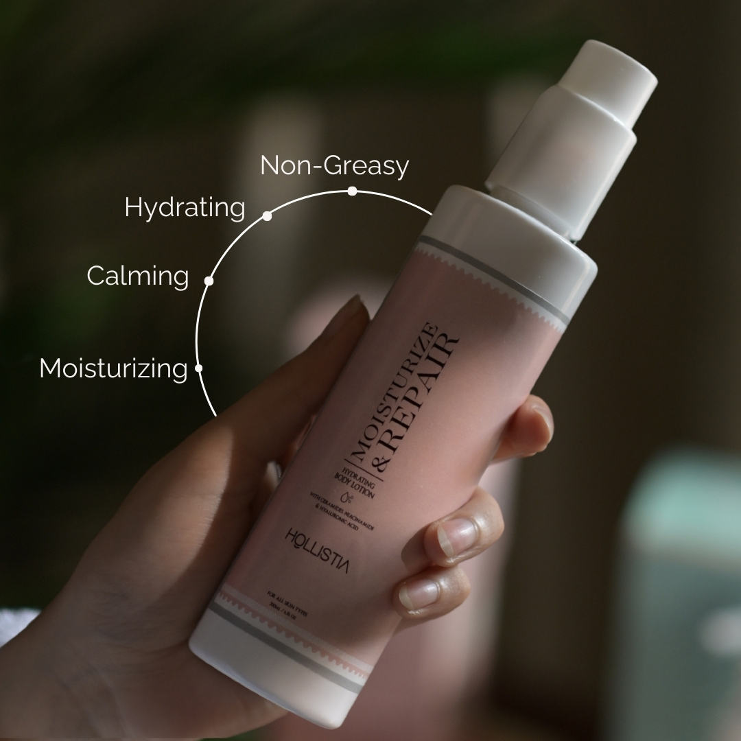 Hollistia Moisturize & Repair Body Lotion – Lightweight, quick-absorbing lotion with Ceramides and Hyaluronic Acid for deep hydration and skin repair.