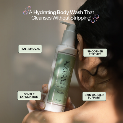 Woman using Hollistia Hydrating Body Wash, massaging gentle foam onto her skin for a soothing and moisturizing cleanse.