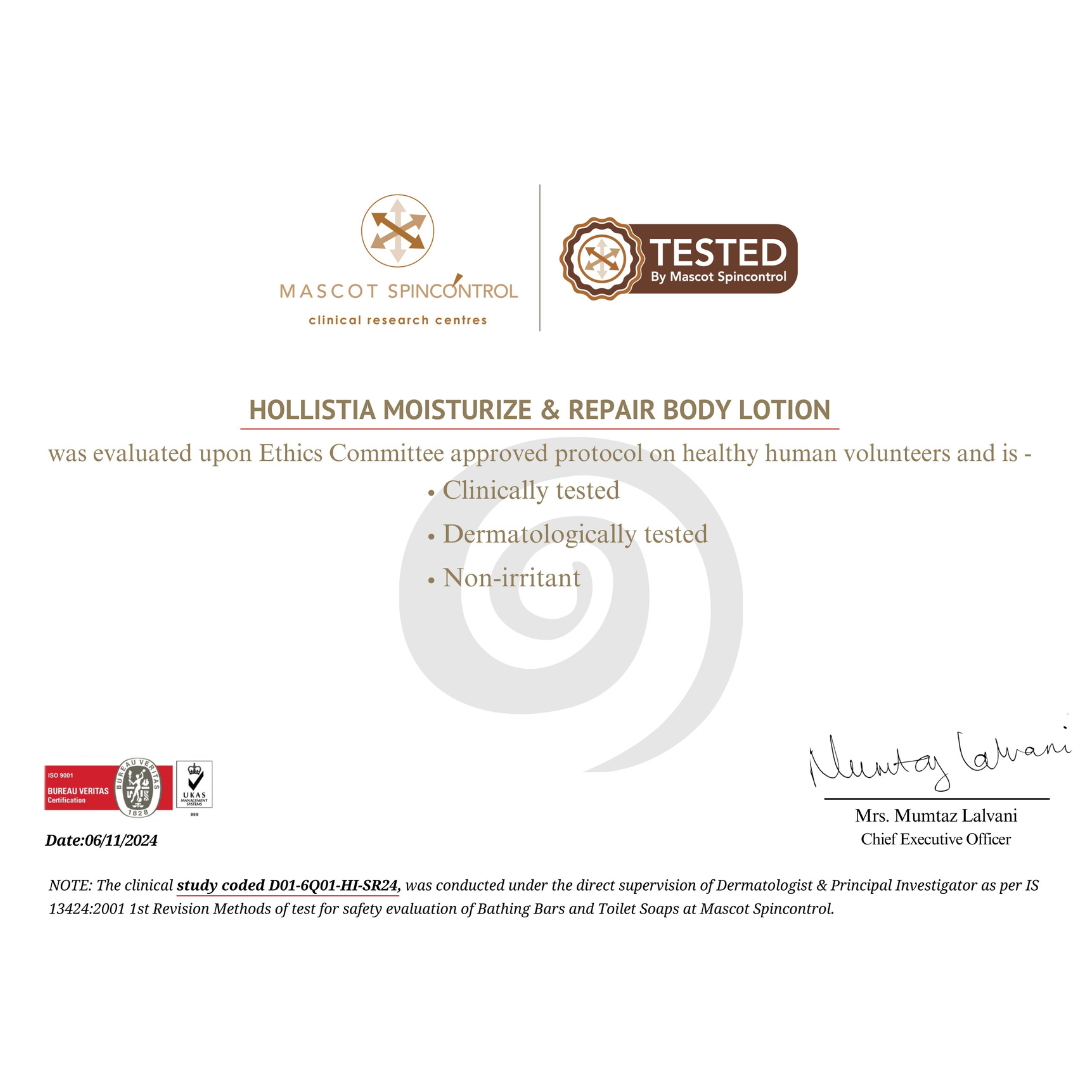 Hollistia Moisturize & Repair Body Lotion – Dermatologist-tested, Certified non-irritant