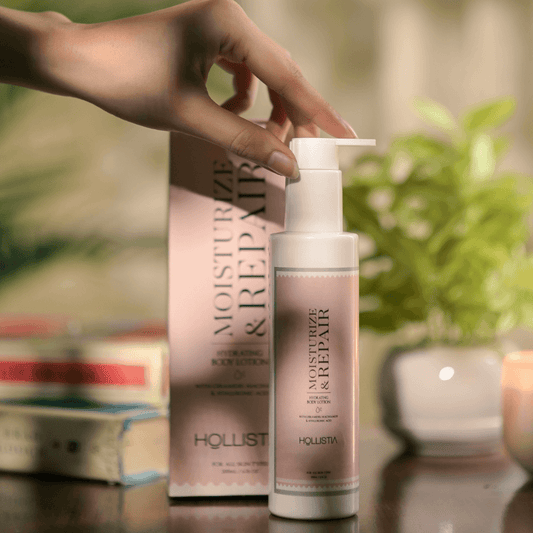 Hollistia Moisturize & Repair Body Lotion – Lightweight, fast-absorbing lotion with Ceramides and Hyaluronic Acid for deep hydration and skin repair.