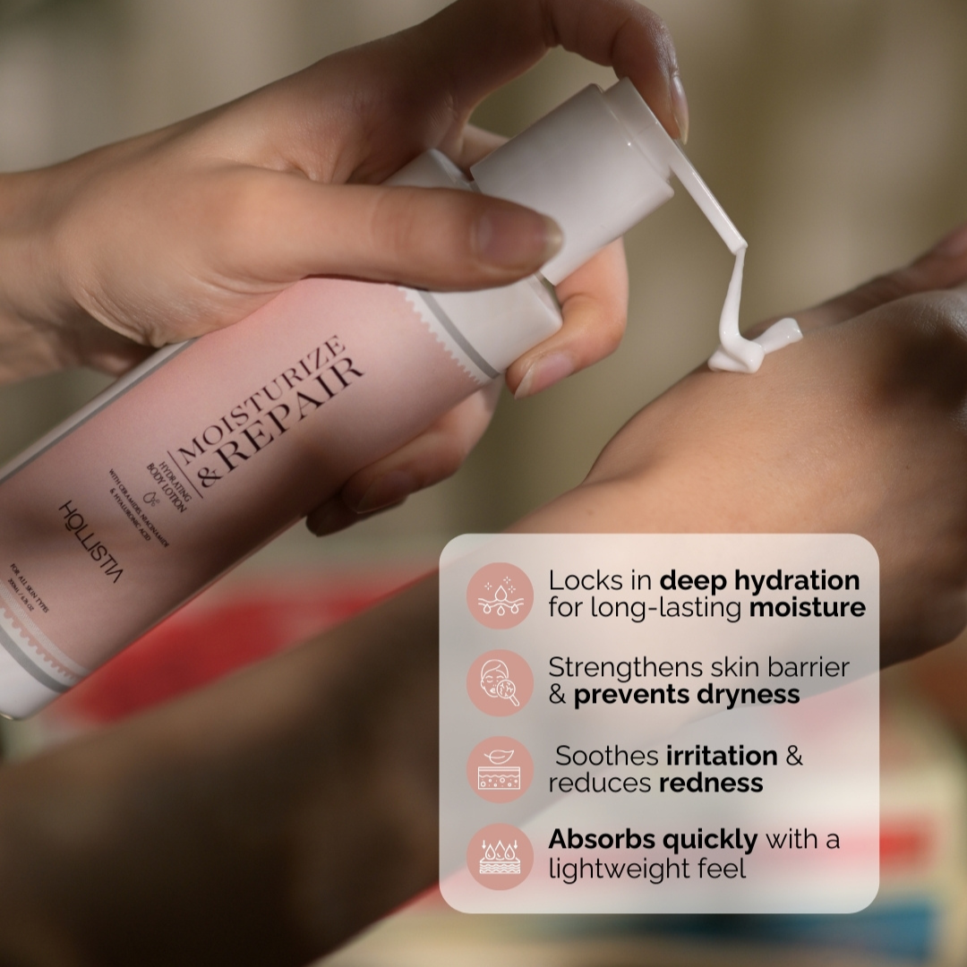 Smooth and creamy texture of Hollistia Moisturize & Repair Body Lotion, providing intense hydration without greasiness.