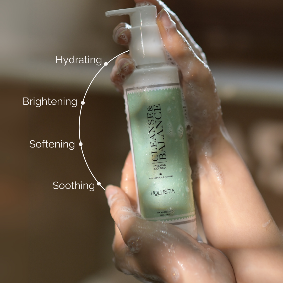 Rich, creamy lather of Hollistia Hydrating Body Wash, infused with hydrating ingredients for soft and nourished skin.